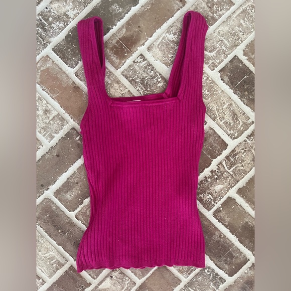 Avec Les Filles Ribbed Knit Hot Pink Square Neck Tank Top Size Small - Picture 1 of 3